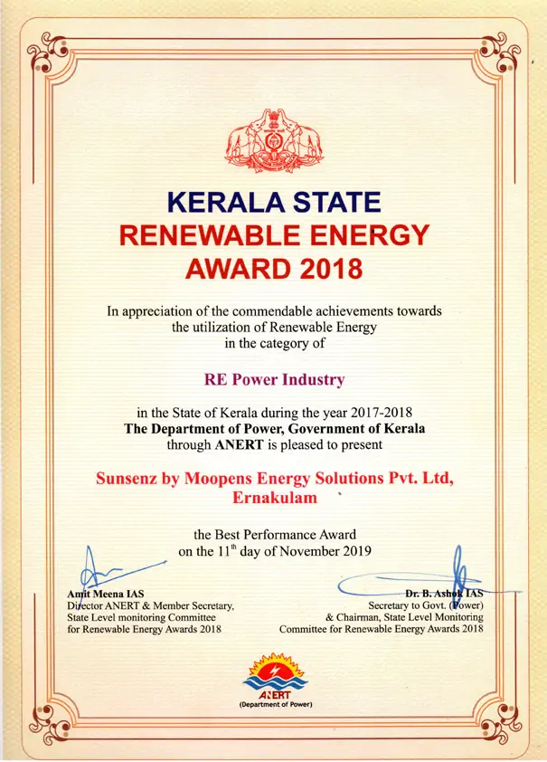 Best Solar Company Kerala Award to Moopens Energy Solar
